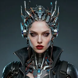 A detailed portrait of a cyberpunk queen with machine crown by tomasz alen kopera, trending on artstation,
