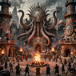 detailed ultrarealistic photography of industrial organic rustic robust tribal arkham city, cthulhu ritual festival, bonfires, wickerman, cultists, craig mullins, vallejo, moebius, ian miller, wayne barlowe, greg rutkowski, mucha, brian froud, cinematic, full shot, symmetric
