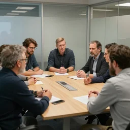 meeting at northforge fabrication lab, 4k, boardroom table, five people, press photo, angry discussion,