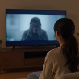Over the shoulder shot of a woman watching tv at night. The T.V. is illuminating a disturbing grey figure.