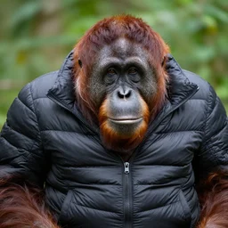 an orangutan wearing a black puffer jacket