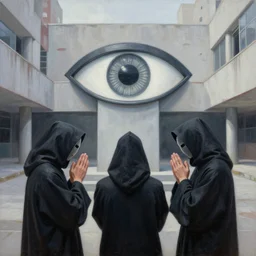 three hooded disciples in masks praying to an electric eye monument in a brutalist courtyard, by PJ Crook, oil on canvas