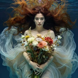 closeup portrait of a beautiful mysterious woman wearing flowing gown, holding a bouquet of flowers, hands disappeared under the bouquet, flowing hair, underwater, fantasy, regal, intricate, by stanley artgerm lau, greg rutkowski, thomas kinkade, alphonse mucha, loish, norman rockwell