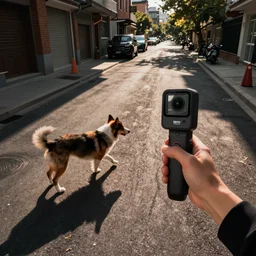 gopro pov of a dog walking on the street