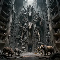 a hybrid of all animals, beksinski, in a dark massive place brutalism, large scale, in the style of anatoly fomenko
