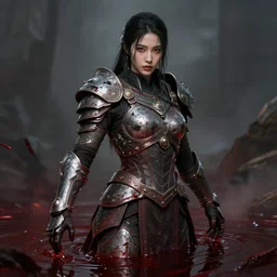 lee jin - eun in luxurious damaged battle armor emerging from blood pool in god of war 4 game by peter andrew jones and conrad roset, rule of thirds, seductive look, beautiful