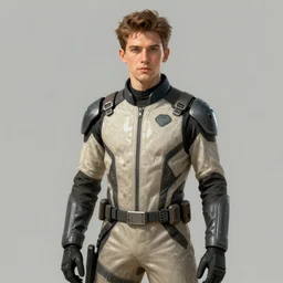 a man who looks like a mixture between Adam Brody, Harris Dickinson and Shane Harper, wearing futuristic beige and black jumpsuit, scifi, highly detailed portrait, digital painting, artstation, concept art, smooth, sharp focus, illustration, ArtStation HQ