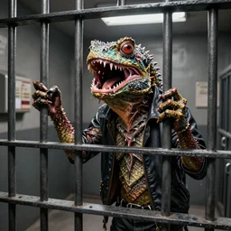 humanoid scary lizard bob dylan in a prison cell, holding the bars and crying out for help