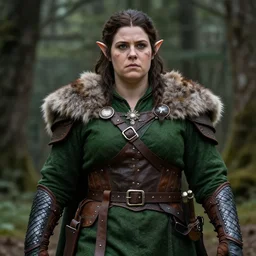 anya charlota as a medieval fantasy wood elf, dark brown hair tucked behind ears, wearing a green tunic with a fur lined collar and brown leather armor, wide, muscular build, scar across nose, one black, scaled arm, cinematic, character art, digital art, forest background, realistic. 4 k