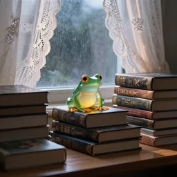 Cute glass frog on a student's table haphazardly piled with fantasy books in front of a window with delicately detailed lace curtains. Evening, soft light rays in the rain. 8k. High detail. Calm