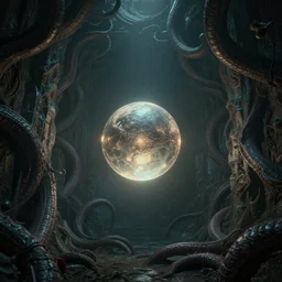 intricate eldritch tentacles wrap around the walls as a raytraced sphere of light is floating in the center. feelings of dread and wonder. high resolution 8 k octane beautiful realism