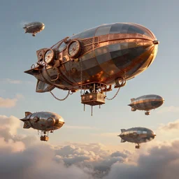 beautiful blimps!!! high in the sky, copper chains hanging from the edges, ( ( ( steampunk styled ) ) ), ( ( golden hour ) ), steam clouds, clouds, award winning photography, highly detailed, low poly, extremely wide angle