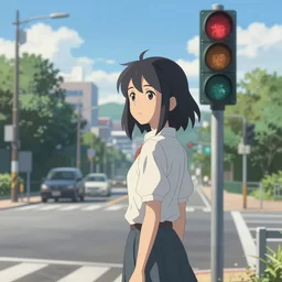 at the end of the world, a woman standing on road waiting at traffic light, highly detailed, deep focus, elegant, digital painting, smooth, sharp focus, illustration, ultra realistic, 8 k, art by makoto shinkai