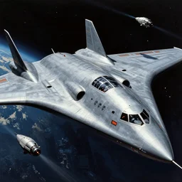 stealth bomber starship bombing a capital starship. close - up view. pulp sci - fi art. high contrast.