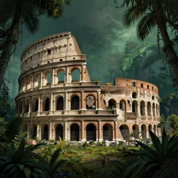 An epic matte painting of an overgrown roman coloseum in the jungle, dark, mysterious, by Greg Rutkowski and Raphael Lacoste, intricate, gorgeous, tropical, stunning, 4k resolution, featured on artstation, f16