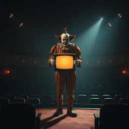 a clown holding a small old tv screen in front of his chest and standing on a stage in a big empty theater!! in the style of alejandro burdisio and peter mohrbacher and jacek yerka, moody cinematic lighting, detailed, empty seats in the foreground