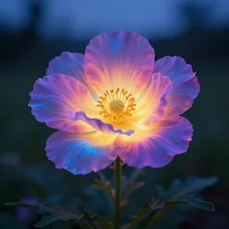 Luminescent flower blooming at twilight, cgsociety, realism, photorealism, f 3.5, photography, octane render, highly detailed, vray, volumetric lighting, unreal engine