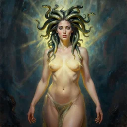 Full body photo of the beautiful goddess Lana Rhoades as Medusa the greek goddess, she has those characteristic snakes coming out of her head, her skin tone is clean, she is looking straight to the camera, she has a glow coming from her, she is getting illuminated for rays of light, behind her is a scary atmosphere, the photo was taking by Annie Leibovitz, matte painting, oil painting, naturalism, 4k, 8k