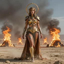 a centered photo of a post apocalyptic goddess at burning man festival playa, powerful, cinematic, beautifully lit, by artgerm, by craig mullins, by karol bak, 3 d, trending on artstation, octane render, 8 k