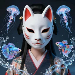3 d goddess close - up frontal portrait with cat skull. beautiful intricately detailed japanese crow kitsune mask and clasical japanese kimono. betta fish, jellyfish phoenix, bio luminescent, translucent, plasma, ice, water, wind, creature, artwork by tooth wu and wlop and beeple. vray. behance. 8 k