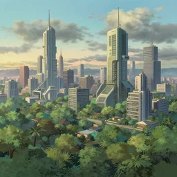 futuristic city, lush vegetation, humid, early evening, diagonal view, geometric buildings, cloudy, beautiful, dull pastel colors, realistic, hyper detailed, octane render, trending on artstation by yoshitaka amano and makoto shinkai, studio ghibli style