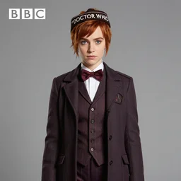 Katniss Everdeen dressed as the 11th Doctor from Doctor Who,, wearing a bow tie and fez, promotional image from the BBC