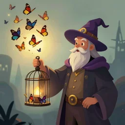 wizard holding a cage, with a swarm of butterflies fluttering out,  digital 2d fantasy painting