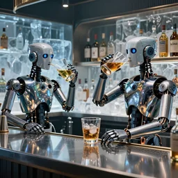 robots drinking alcohol, inside a ice bar, chrome reflections, hyper-realistic, extreme detail, sharp photo, beautiful, cinematic 4K, by Sorayama