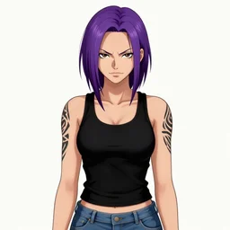 a portrait of dilraba dilmurat as revy from black lagoon, smirk, black tank top, jean shorts, brown eyes, purple hair, tribal tattoo slevve right arm, symmetrical eyes, symmetrical face, art by lois van baarle and loish and ross tran and rossdraws and sam yang and samdoesarts and artgerm