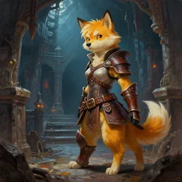 a sparkledog fursona anthro girl thief with leather - strap - armor is exploring the grimdark dungeon depths. trending on artstation and pixiv. a vibrant digital oil painting. a highly detailed fantasy character illustration by wayne reynolds and charles monet and gustave dore and carl critchlow and bram sels
