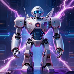 symmetry!! r. o. b. robot nintendo, hard edges, product render retro - futuristic poster scifi, lasers and neon circuits, thunder strikes, lightning, intricate, elegant, highly detailed, digital painting, artstation, concept art, smooth, sharp focus, illustration, dreamlike, art by artgerm