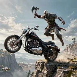 kratos, with leviathan axe, jumping a black harley - davidson motorcycle off a cliff, cinematic render, playstation studios official media, god of war 2 0 1 8