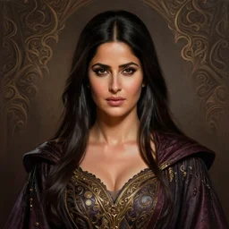 head-on centered symmetrical painted portrait, Katrina Kaif as a wizard, intricate robes, fantasy, intricate, elegant, highly detailed, digital painting, smooth, sharp focus, illustration, dramatic lighting, artstation, in the style of Artgerm and Anna Podedworna and Alex Ross