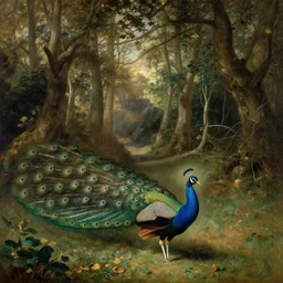 woodland scene by george stubbs, peacock in foreground, highly detailed