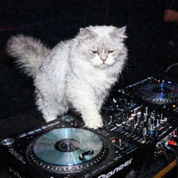 a white and gray Norwegian forest cat DJing at a club on CDJs  and a pioneer mixer