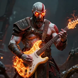 glowing demon eyes kratos shredding on a flaming stratocaster guitar, cinematic render, god of war 2 0 1 8, santa monica studio official media, flaming eyes, lightning