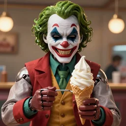 pov medium close up of animatronic joker serving a soft serve ice cream cone 🍦, real - hair, photorealistic hyperdetailed 3 d matte painting, hyperrealism, hyperrealistic, cinematic, silent hill, unrealengine octane render,