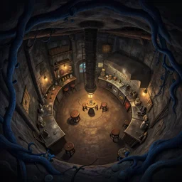 underground, basement, fisheye spiral, naive, extra narrow, detailed illustration of a tavern kitchen, large floor, dimly lit by rhads from lorax movie, trending artstation, dark blue vines