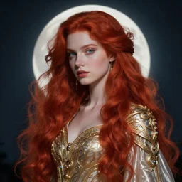 redhead maiden at night with moon behind her, d & d, shiny, fantasy, intricate, elegant, hyper detailed, ultra definition, photoreal, artstation, unreal engine rendered, concept art, smooth, sharp focus, illustration, art by artgerm and greg rutkowski and alphonse mucha and garis edelweiss