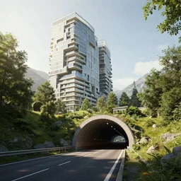 denis villeneuve establishing shot of modern bjarke ingels condo building and gotthard tunnel entrance combined, roads tunnel under bjarke ingels condo building, lush environment, ray traced sunny raked lighting, scifi artstation digital concept art, unreal engine, hyper realism, realistic shading, cinematic composition, octane render, wide shot