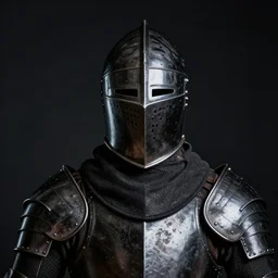 portrait of medieval knight in black tiger helmet, shining in the dark, detailed, realistic, portrait photography