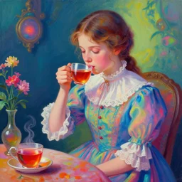 a young girl in a Victorian dress drinking psychedelic tea by peter mohrbacher, vivid colors, matte painting, 8K, concept art, mystical color scheme, trending on artstation