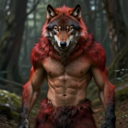 portrait of a beautiful young fit male werewolf, wolf head, partially male hairy torso, fur covered legs, feral scene, by greg rutkowski and alphonse mucha, d & d character, gradient red to black, in front of a forest background, highly detailed portrait, digital painting, artstation, concept art, smooth, sharp focus ilustration, artstation hq
