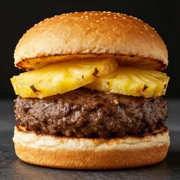 juicy hamburger with crispy buns topped with pineapple, 8 k resolution, food photography, studio lighting, sharp focus, hyper - detailed