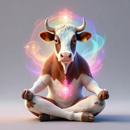 cow meditating with a colorful aura and glowing chakras photorealistic, 3 d, realistic details, zbrush, octane rendering, ultra - realistic 8 k, unreal engine, clean lines