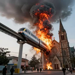 a monorail crashing into a church, with a fire tornado, by kim jung gi, paul heaston, extremely wide angle shot, trending on art station, 4 k, vibrant lighting