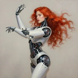 “ a detailed robot dancing with a beautiful red haired women, highly detailed painting ”