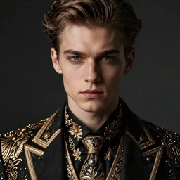 face shot portrait of attractive powerful young man with luxury clothes, by greg rutkowski, by zdzislaw beksinski, very detailed, ornate, intricate, octane render, dark color lighting, volumetric lighting, 8 5 mm