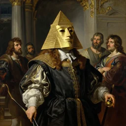 neoclassical portrait of a prince in his temple wearing a pyramid mask, by jacques - louis david, by greg rutkowski, by zdzisław beksinski, by josep tapiro baro, by caravaggio, trending on artstation, featured on pixiv, masterpiece, oil on canvas, cinematic composition, dynamic beautiful lighting,