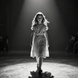 film still of a girl walking through liminal space, black and white